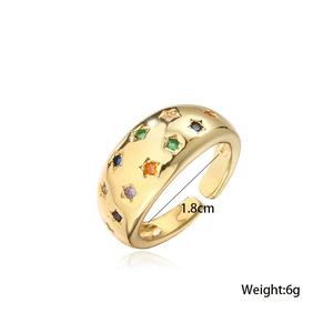 18K gold plated open star ring with colorful rainbow cubic zirconia and wide band