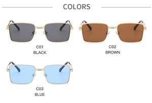 Three retro square metal sunglasses in black, brown, and blue color variants