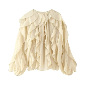 Detailed flat lay of cream ruffled chiffon long sleeve shirt with layered fabric texture