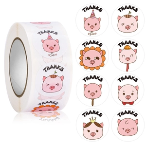Cute cartoon pig roll labels with Thanks text for gift packaging and bakery seals