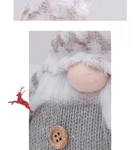 Detailed view of the plush gnome hat and knitted texture with a wooden button decor
