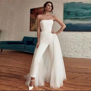 Strapless Satin Wedding Jumpsuit And Long Tulle Train Ivory White Elegant Bridal Gown For Women Formal Ceremony