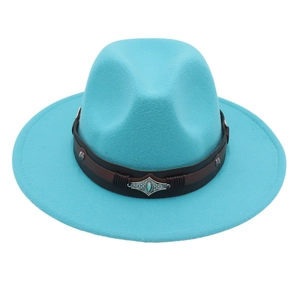 Detail of turquoise wool fedora featuring leather band with turquoise stone buckle