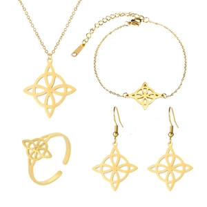 Detail view of 4-piece gold Celtic knot jewelry set including necklace, bracelet and ring