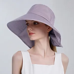 Women's light purple wide brim sun hat with neck protection for outdoor UV protection