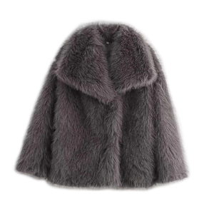 Women's stylish grey faux fur jacket with wide lapels on a clean white background