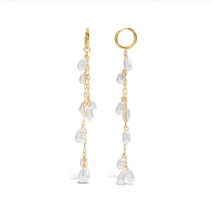 Elegant gold long tassel pearl earrings with stainless steel hooks and white pearls