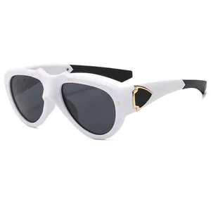 Fashion oversized pilot sunglasses with white frame and gold-tone shield detail