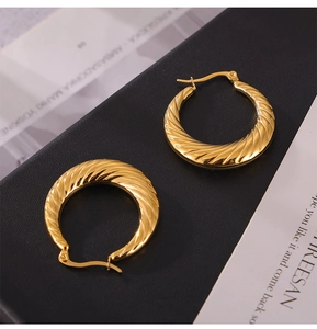 Macro view of gold plated titanium steel hoop earrings with elegant spiral twist texture