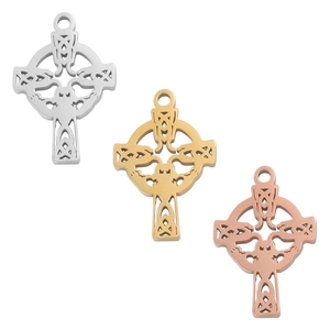 Three-color Celtic knot cross pendants in silver, gold, and rose gold mirror stainless steel