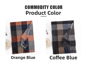 Detail of plaid tassel scarves in orange-blue and coffee-blue cashmere-like knit fabric