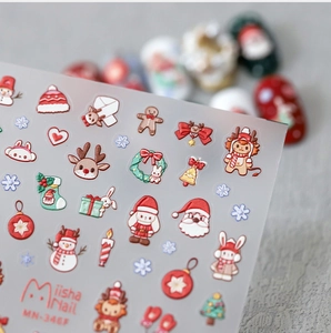 Macro detail of Christmas nail stickers with Santa and reindeer motifs from the MN series