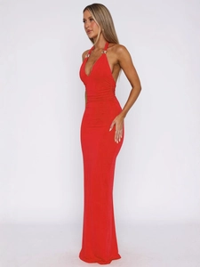 Elegant red backless maxi dress with deep V-neck and golden metal ring neck detail
