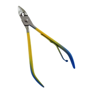 Detail view of colorful orthodontic distal end cutter with yellow and blue gradient handles