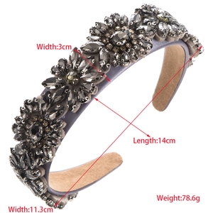 Sparkly retro vintage headband with grey crystals and floral pattern, 3cm wide