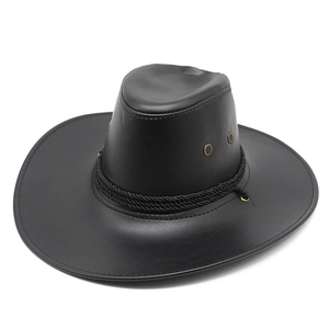 Classic black PU leather western cowboy hat with braided rope band and metal air vents