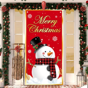 Christmas Door Banner Hanging Flag Polyester Snowman Merry Christmas Red Porch Decoration For Holiday Home Outdoor Decor