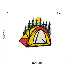 Outdoor camping patch with yellow tent and green pine trees showing size 7.7x8.4cm