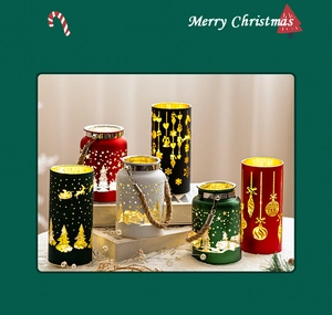 Detailed view of metal Christmas lanterns with hollow reindeer designs and rope handles