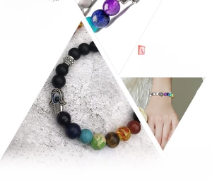 Détail du charm Main de Fatma sur un bracelet en perles de pierres naturelles chakras