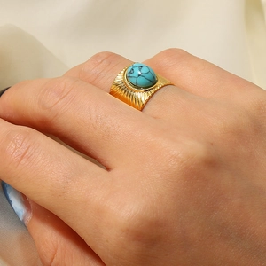French vintage 18K gold plated stainless steel ring with turquoise stone on model