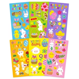 Easter stickers set with colorful rabbits and eggs on blue, green, purple, and pink sheets