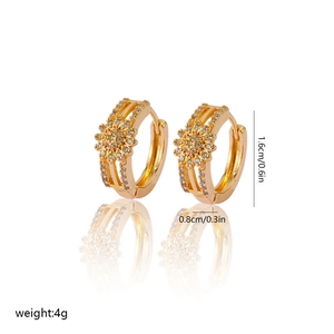Detailed view of gold flower hoop earrings with zircon, size 1.6cm height and 0.8cm width