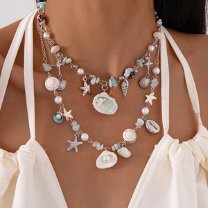 Multilayer ocean style necklace with starfish, shell, pearl and colorful stone pendants