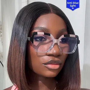 Fashionable square blue light blocking glasses with black and pink pattern on a female model
