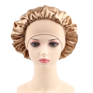 Champagne gold satin sleep bonnet with wide elastic band for long hair hair care