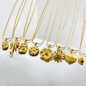 18K gold plated titanium steel necklaces with diverse floral and lava pendants on snake chains