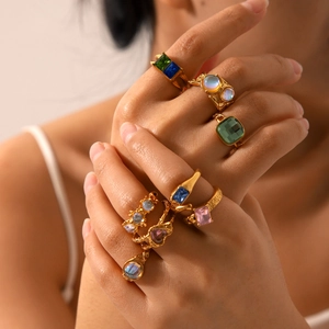 Vintage Stainless Steel Open Ring Hammered Gold Plated Zircon Inlaid Adjustable Moonstone Court Style Jewelry For Women