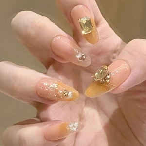 Long Almond Press On Nails Amber Gradient Nude Rhinestone Glitter Sweet Luxury ABS False Nails Glue On Nails For Women