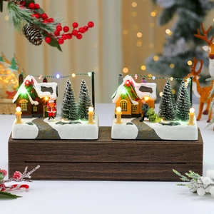 Christmas Village House Miniature Luminous LED Light Resin Music Box Snow Scene Santa Claus Holiday Desktop Decoration