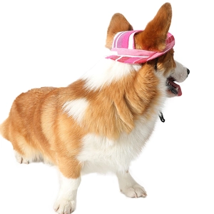 Pink and white striped canvas pet sun hat with ear holes and chin strap for dogs