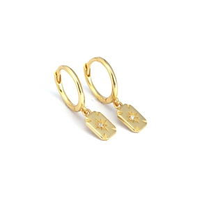 Minimalist gold 925 sterling silver hoop earrings with engraved starburst rectangle charms