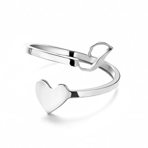 Detailed view of silver heart-shaped open ring with adjustable band and polished finish