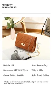 Detail of brown PU shoulder bag with quilted pattern, metal lock, and gold chain strap