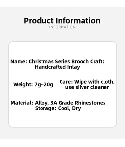 Detailed specifications card for Christmas snowman brooch with alloy and rhinestones