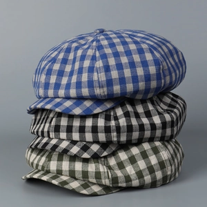 Retro Plaid Newsboy Cap Cotton Breathable Gingham Octagonal Cabbie Hat For Men Women Vintage British Style Adjustable