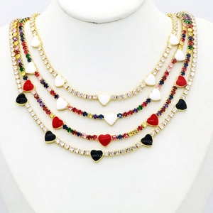 Layered gold heart pendant tennis necklace with multi-color zircons and enamel charms