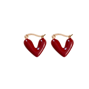 Vintage red heart enamel earrings with gold-tone hoops in elegant minimalist design