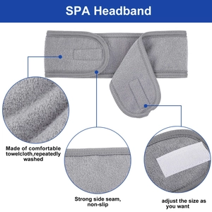 Detail showing soft towelcloth texture and adjustable velcro strap of gray SPA headband
