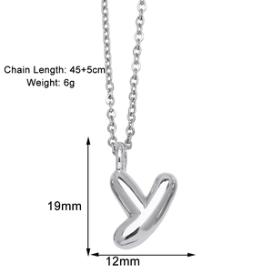 Detail showing letter Y pendant dimensions 19mm by 12mm on silver plated necklace