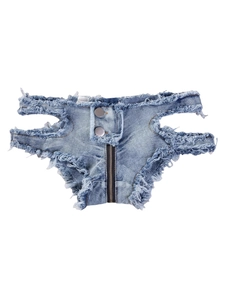 Sexy hellblaue Jeans-Shorts mit niedriger Taille, Rissen und ausgefransten Saumkanten