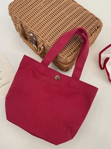 Retro Wine Red Canvas Handbag Simple Portable Lunch Tote Bag With Copper Snap Button For Office Daily Casual Women