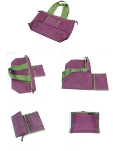 Five-step guide showing how to fold the purple and green nylon grocery tote bag