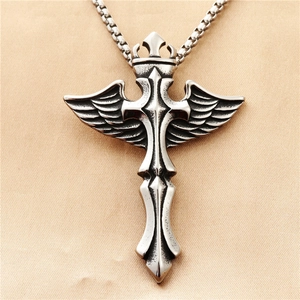 Punk style silver titanium steel sword pendant with wings and crown detailing for men