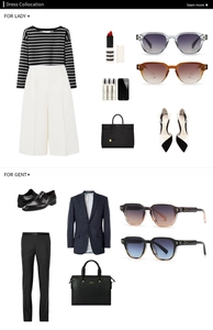 Flat lay of retro narrow sunglasses with stylish men and women outfit coordination