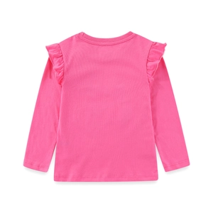 T-shirt manches longues fille fuchsia avec volants aux épaules et broderie licorne